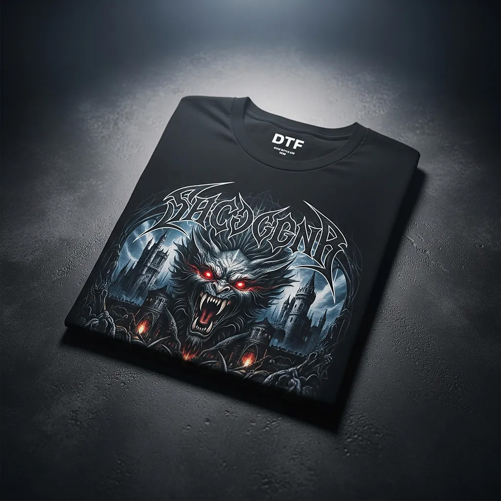 Officiell merchandise för ett band, tryckt med DTF.