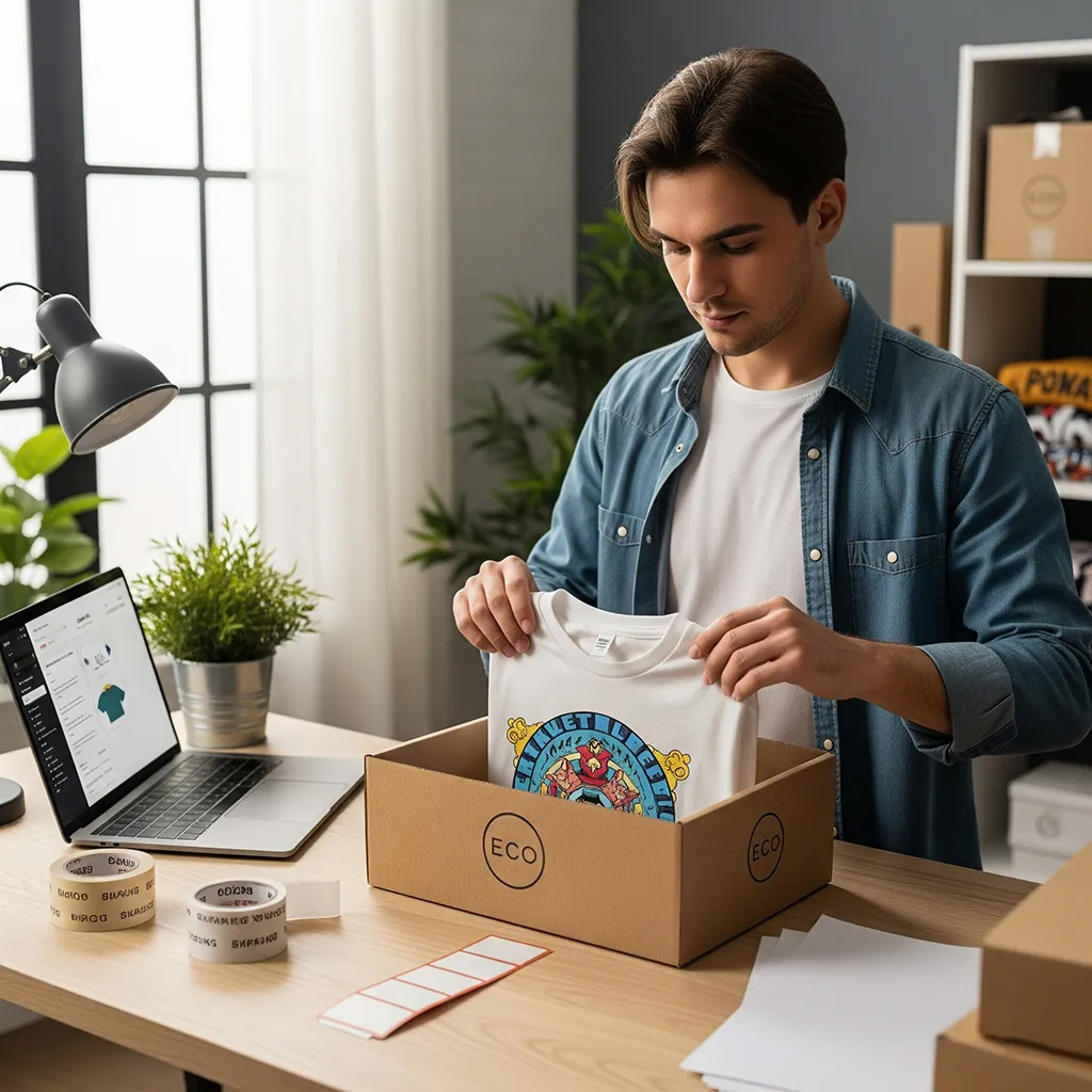 E-handlare packar en order med t-shirts som har eget tryck för dropshipping.