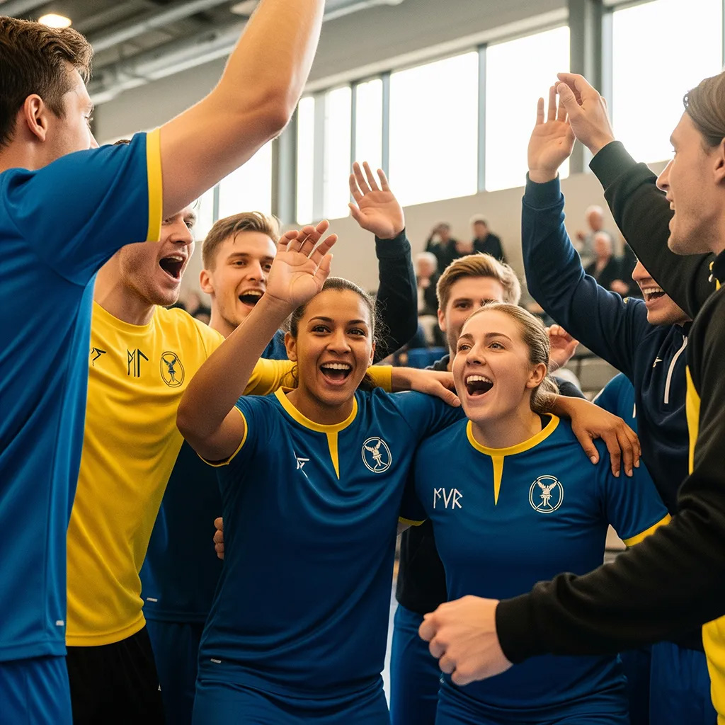 Föreningsteam som bär sina specialdesignade matchtröjor.