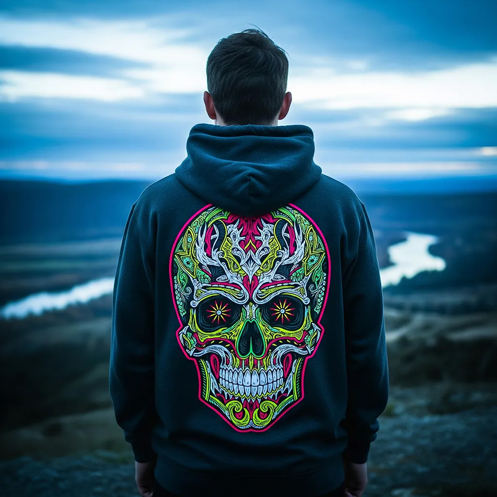 Person som bär en hoodie med ett stort, färgstarkt tryck på ryggen.