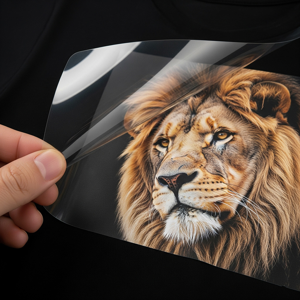 Närbild på en DTF-transfer som dras av en t-shirt, vilket avslöjar ett färgstarkt och detaljerat tryck som fäst vid tyget.