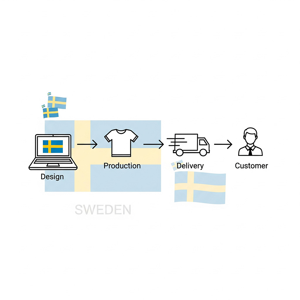 Infografik som visar processen för dropshipping av kläder med eget tryck i Sverige, från design till leverans hos kund.