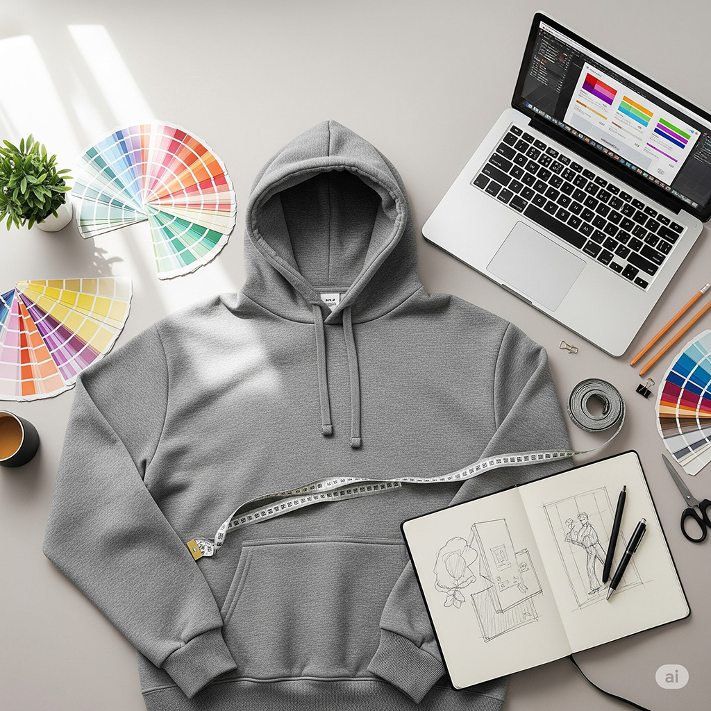 En grå hoodie ligger på ett bord bredvid en laptop som visar en designprocess, vilket illustrerar tips för att designa en hoodie med eget tryck.