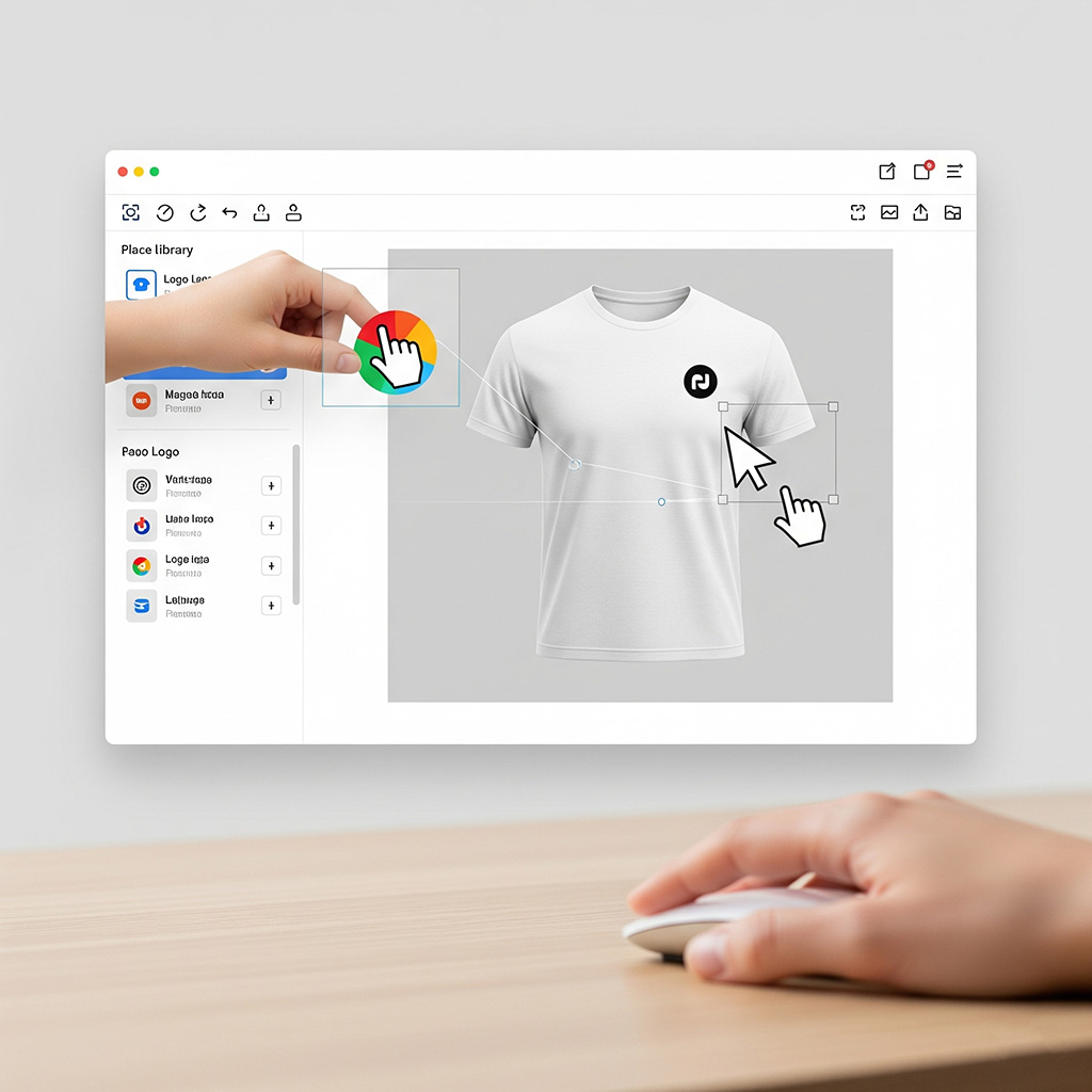 En komplett guide till att skapa en t-shirt med eget tryck, som visar en laptop med designverktyget bredvid den färdigtryckta tröjan.